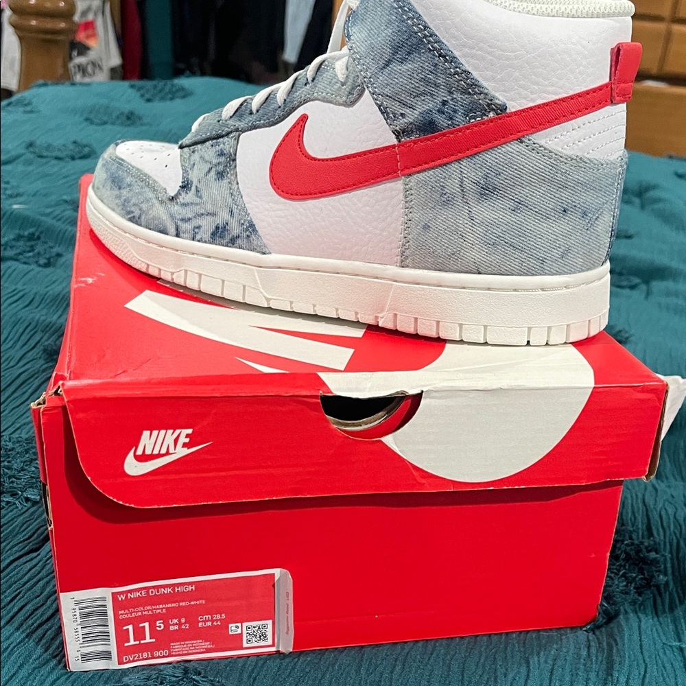 Nike Dunk High Sneakers - Red and Denim